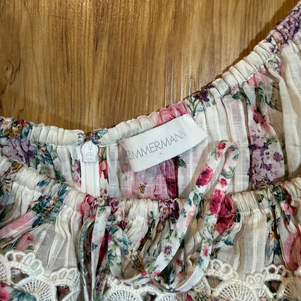 Zimmerman Honour Pintuck Panel Crochet Trim Pink Floral Off Shoulder Mini Dress - Picture 4 of 9